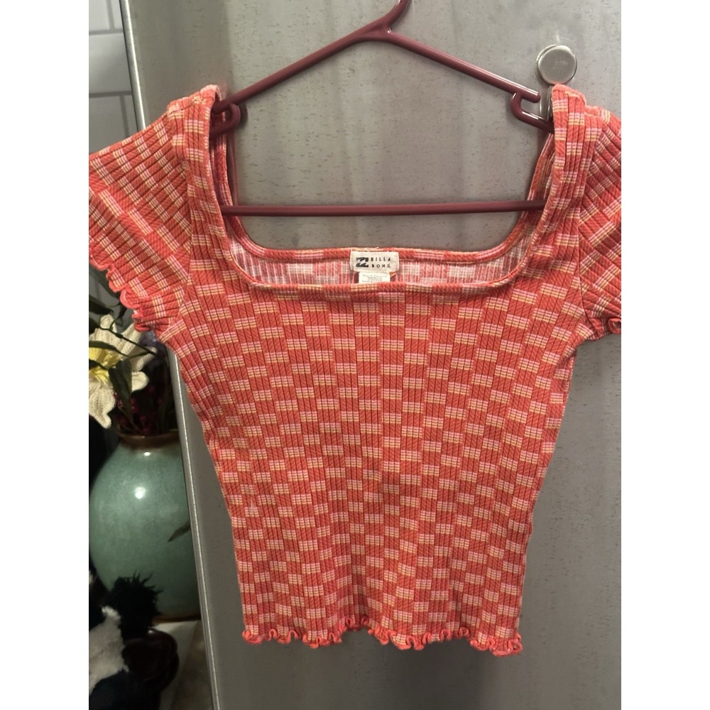 Y2K Billabong Ribbed Square Neckline Cropped Ruffle Trim SzL - Picture 3 of 16